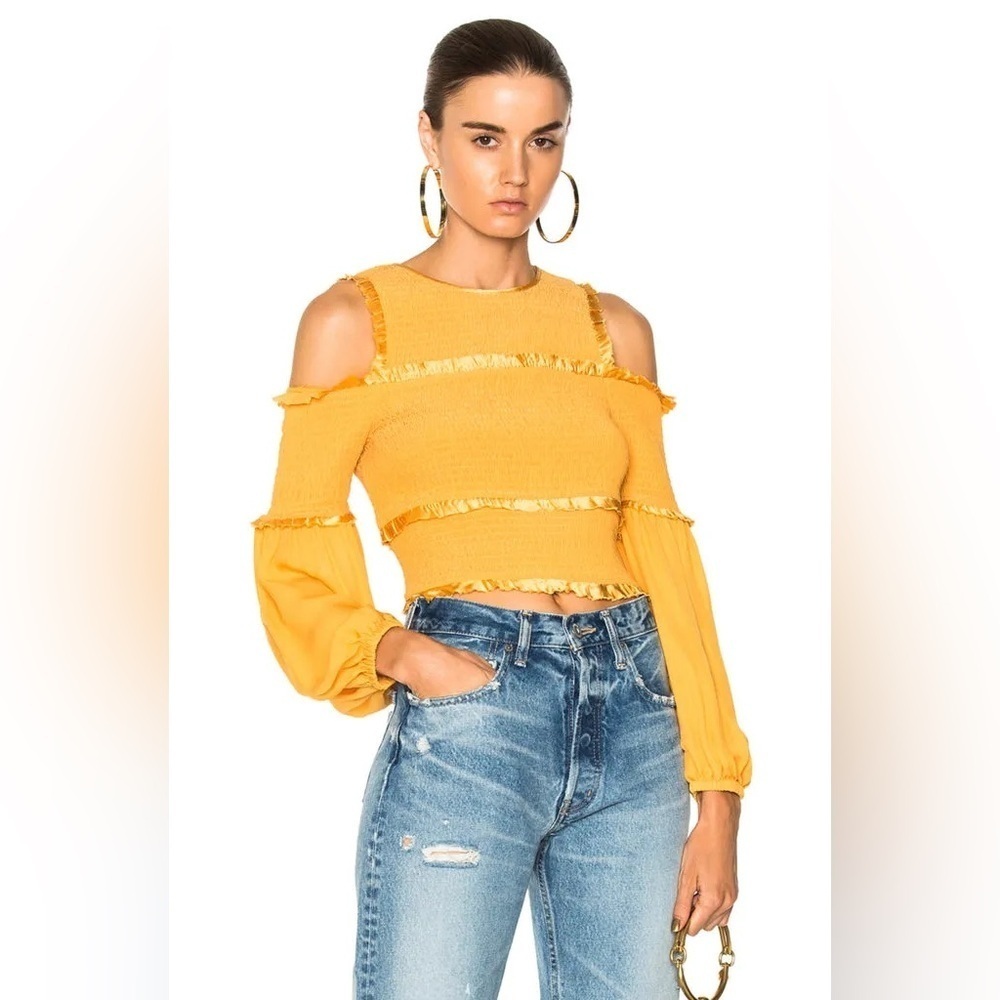 Cinq a Sept / Pascal Yellow sienna Silk Cold Shoulder Top ruched blouse small S